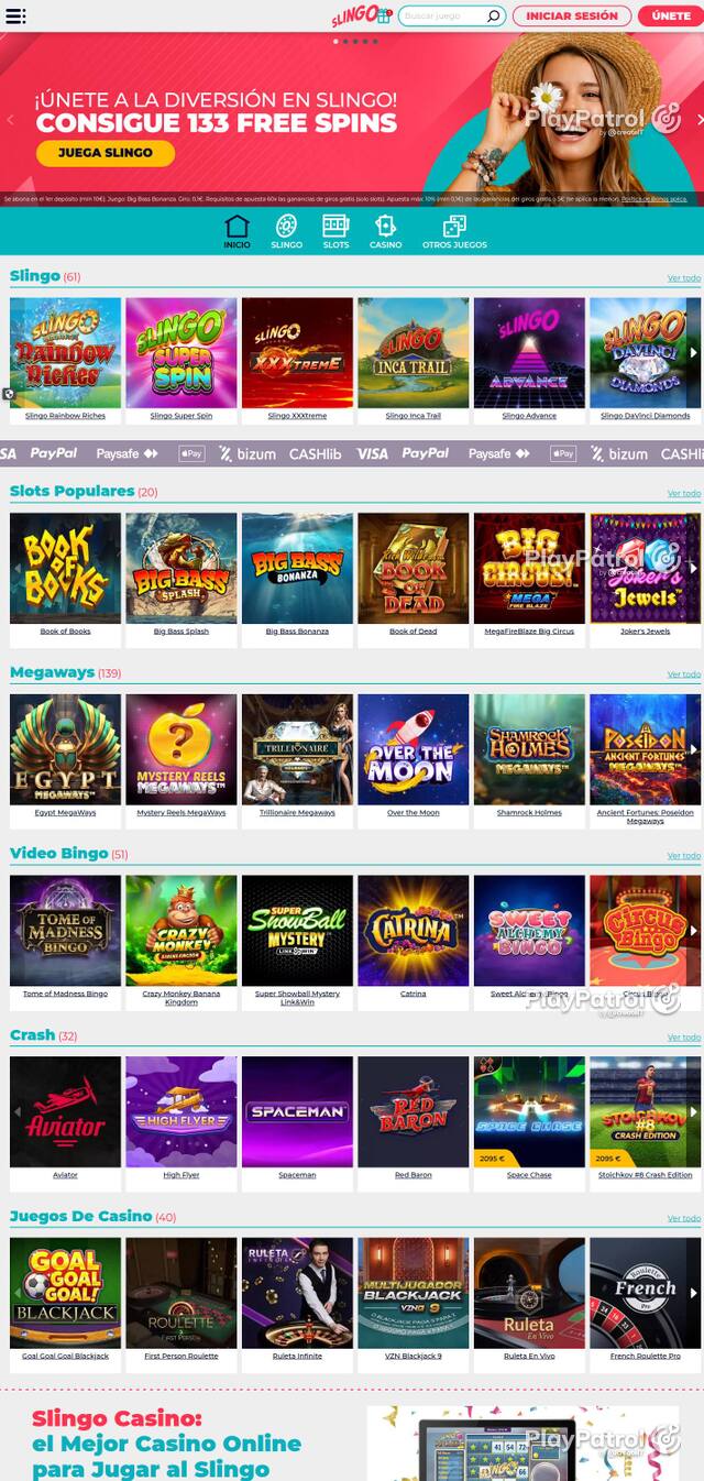 Capture of the front page of Slingo Casino (slingocasino.es) on 2 October 2026