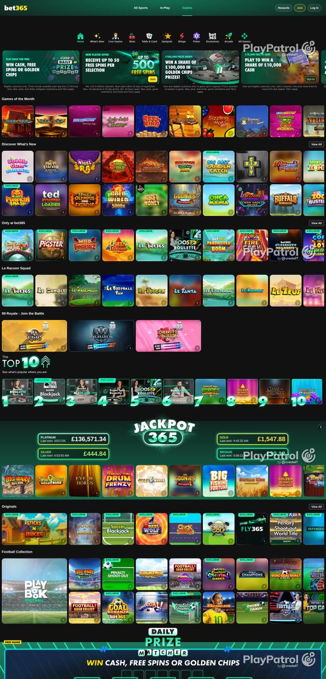 Capture of the front page of bet365 Casino (casino.bet365.com) on 18 October 2026