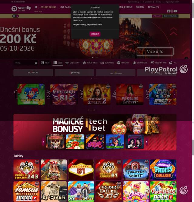 Capture of the front page of Synot Tip (casino.synottip.cz) on 5 October 2026