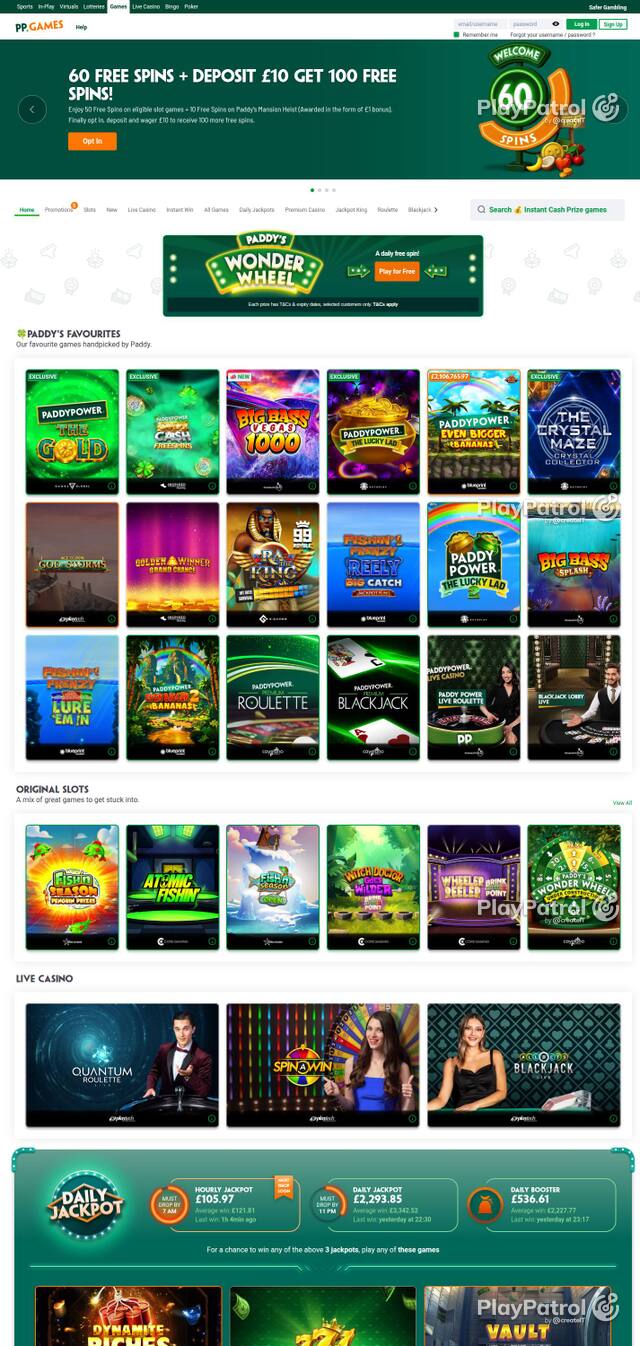 Homepage capture of Paddy Power Games recorded during the scan