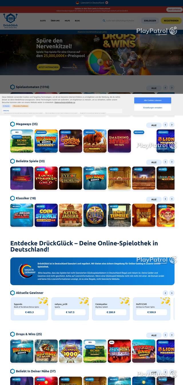 Homepage capture of DrückGlück recorded during the scan