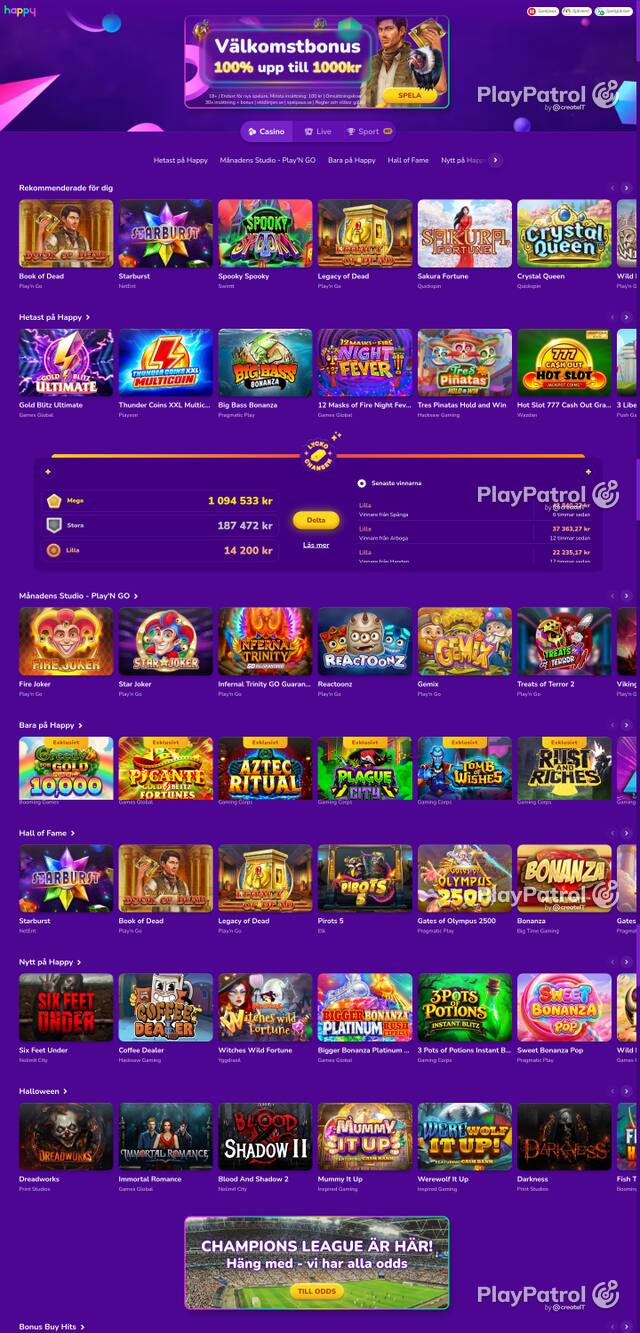 Capture of the front page of happycasino.se (happycasino.se) on 21 October 2026