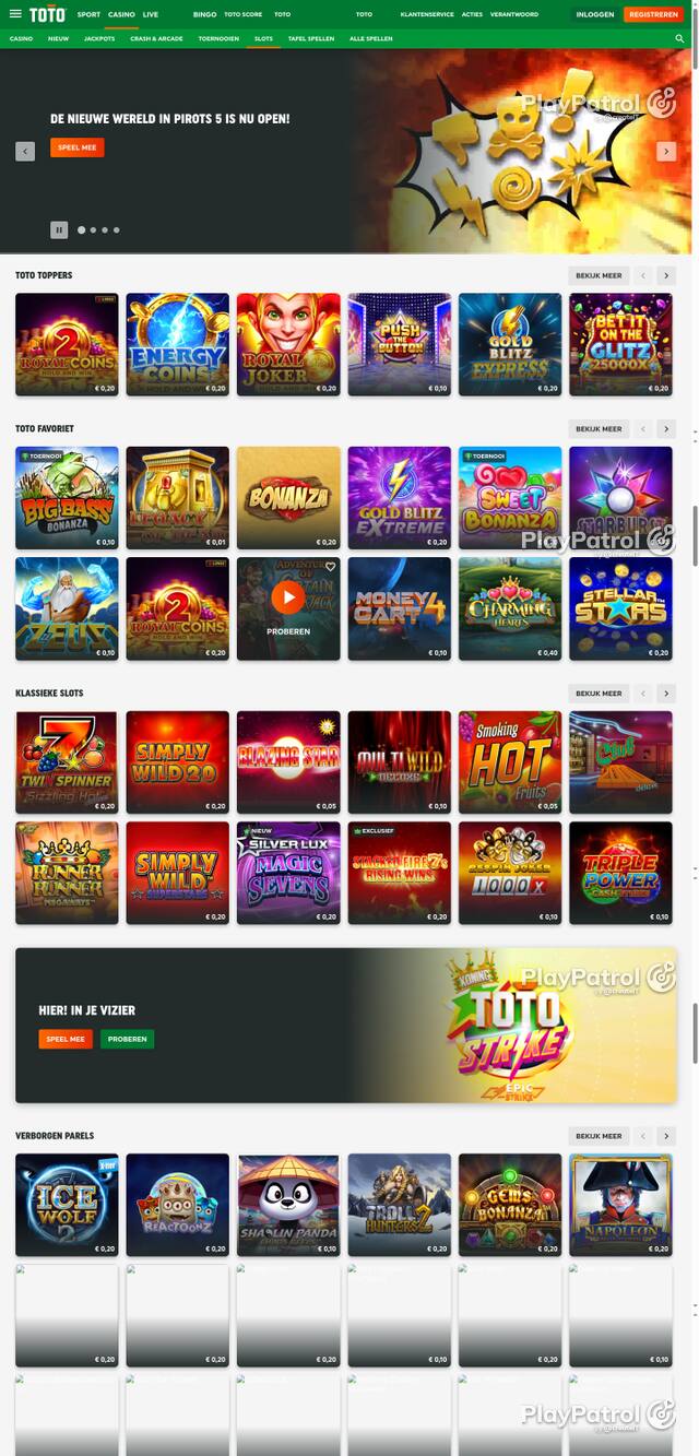 Capture of the front page of TOTO Casino (casino.toto.nl) on 13 October 2026