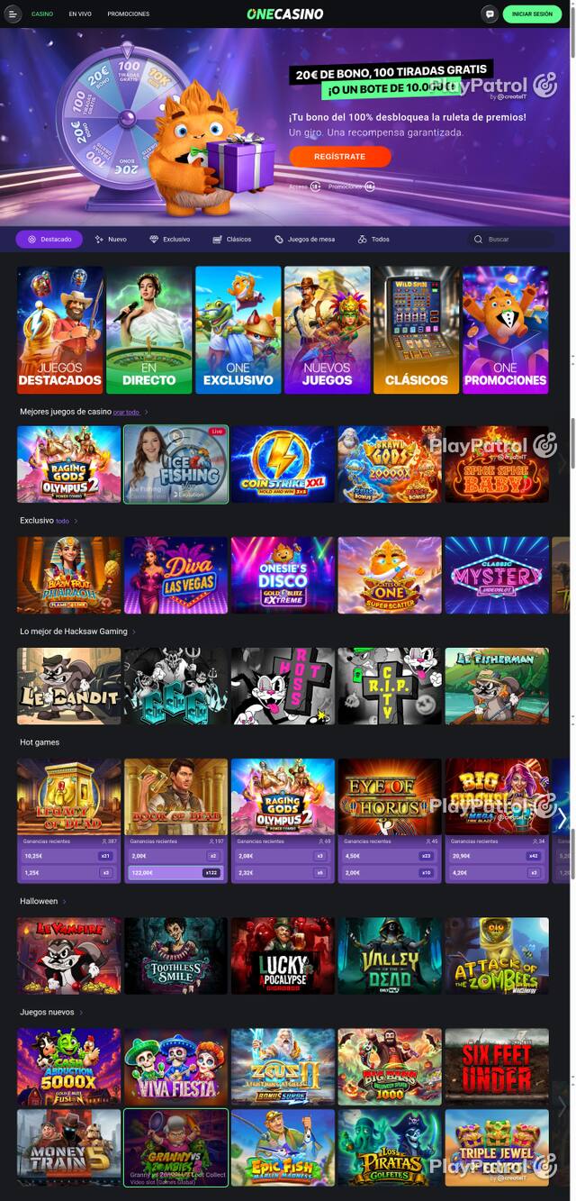 Capture of the front page of One Casino (onecasino.es) on 26 October 2026