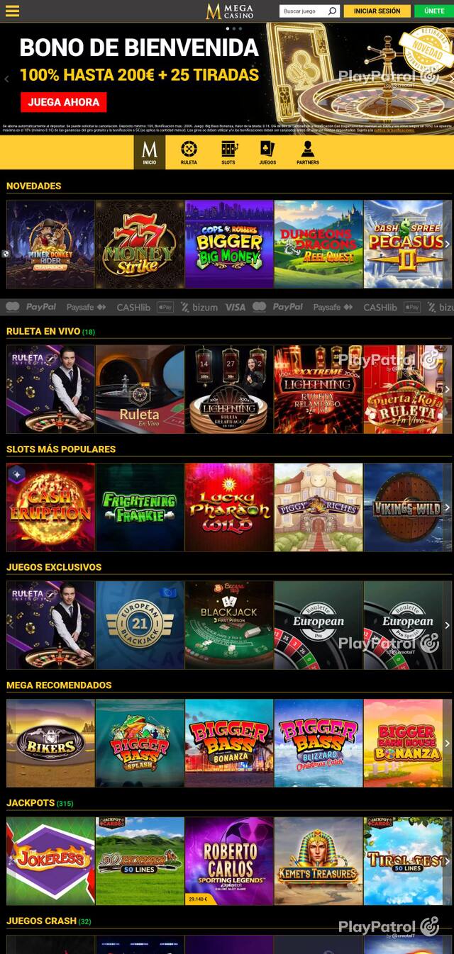 Homepage capture of Mega Casinos recorded during the scan
