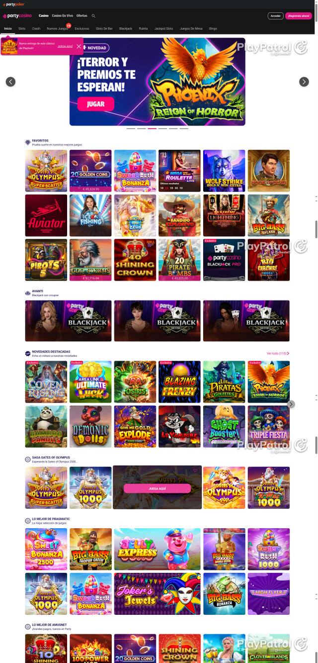 Capture of the front page of PartyCasino (partycasino.es) on 7 October 2026