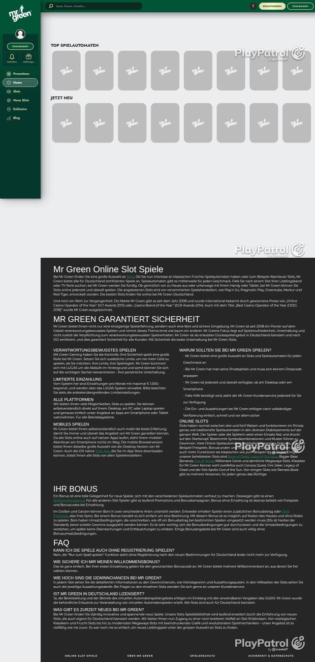 Homepage capture of Mr Green recorded during the scan