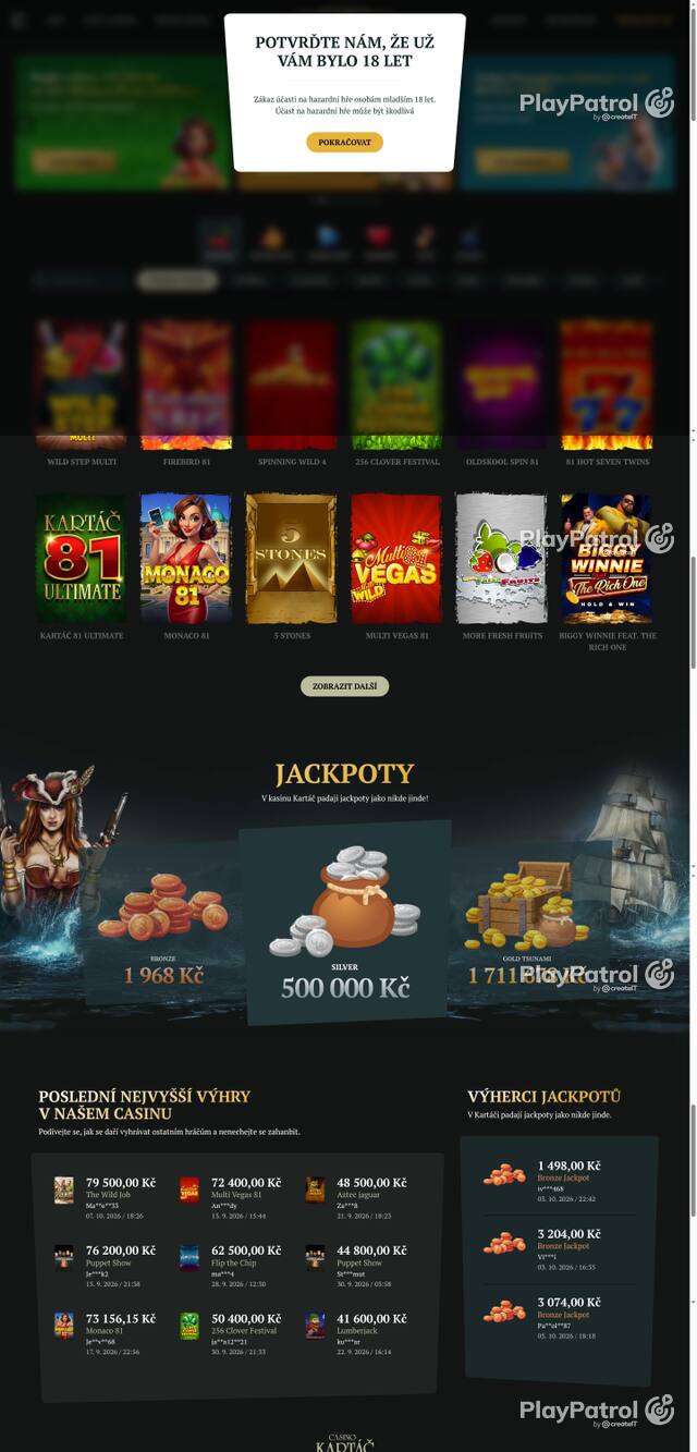 Capture of the front page of Casino Kartac (casino-kartac.cz) on 8 October 2026