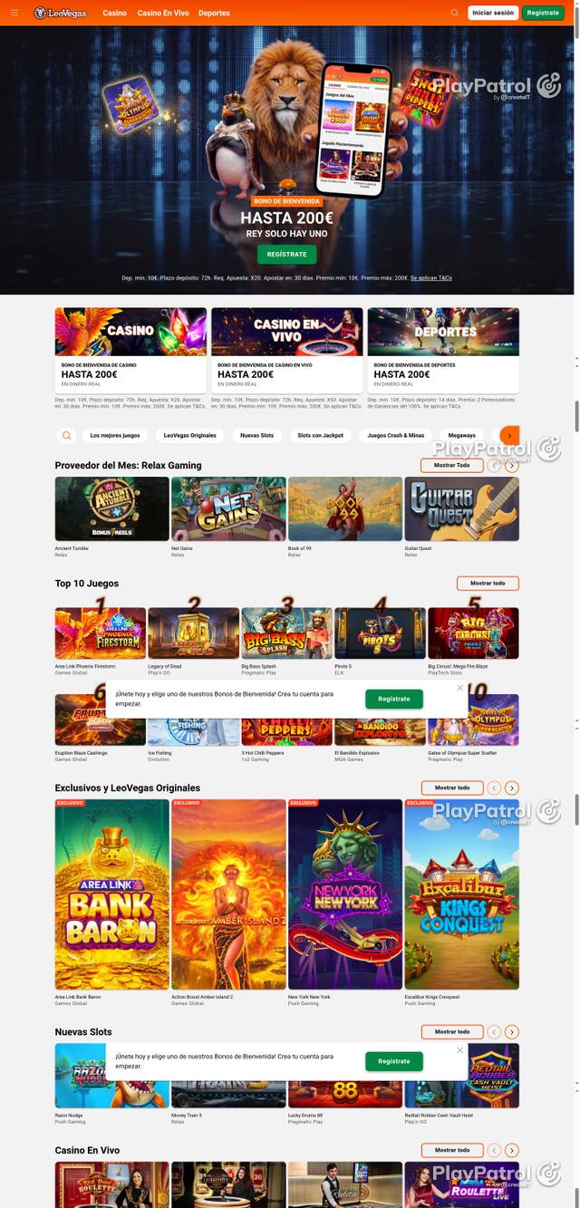 Capture of the front page of LeoVegas (leovegas.es) on 9 October 2026