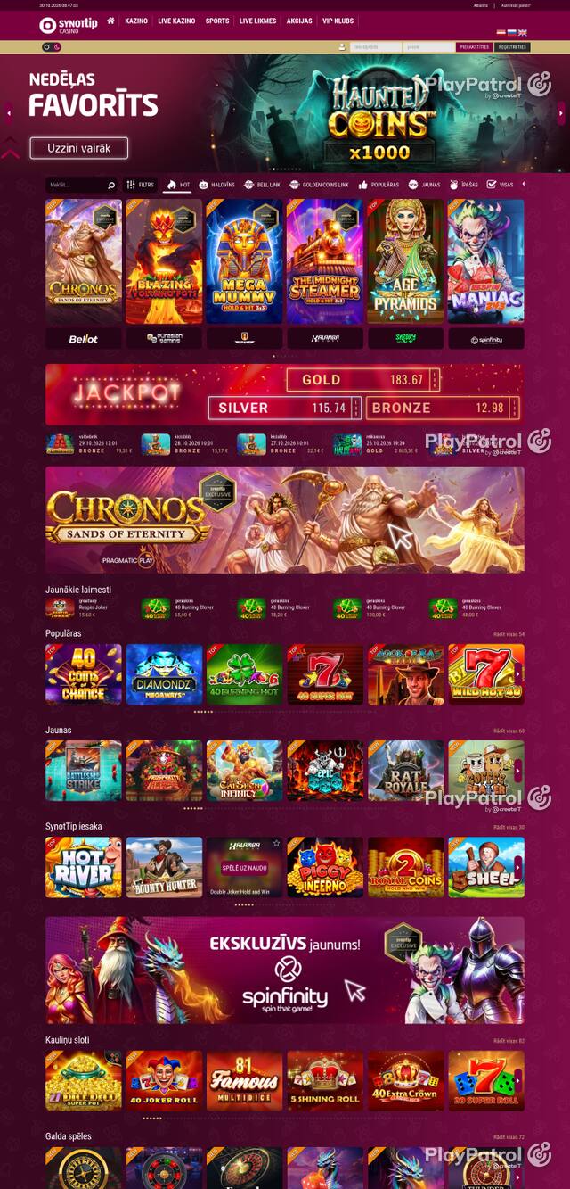 Capture of the front page of synottip.lv (casino.synottip.lv) on 30 October 2026
