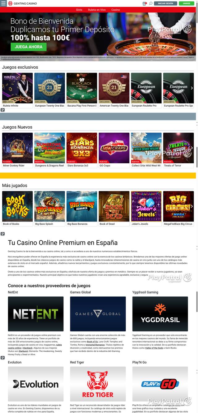 Capture of the front page of Genting Casino (gentingcasino.es) on 19 October 2026