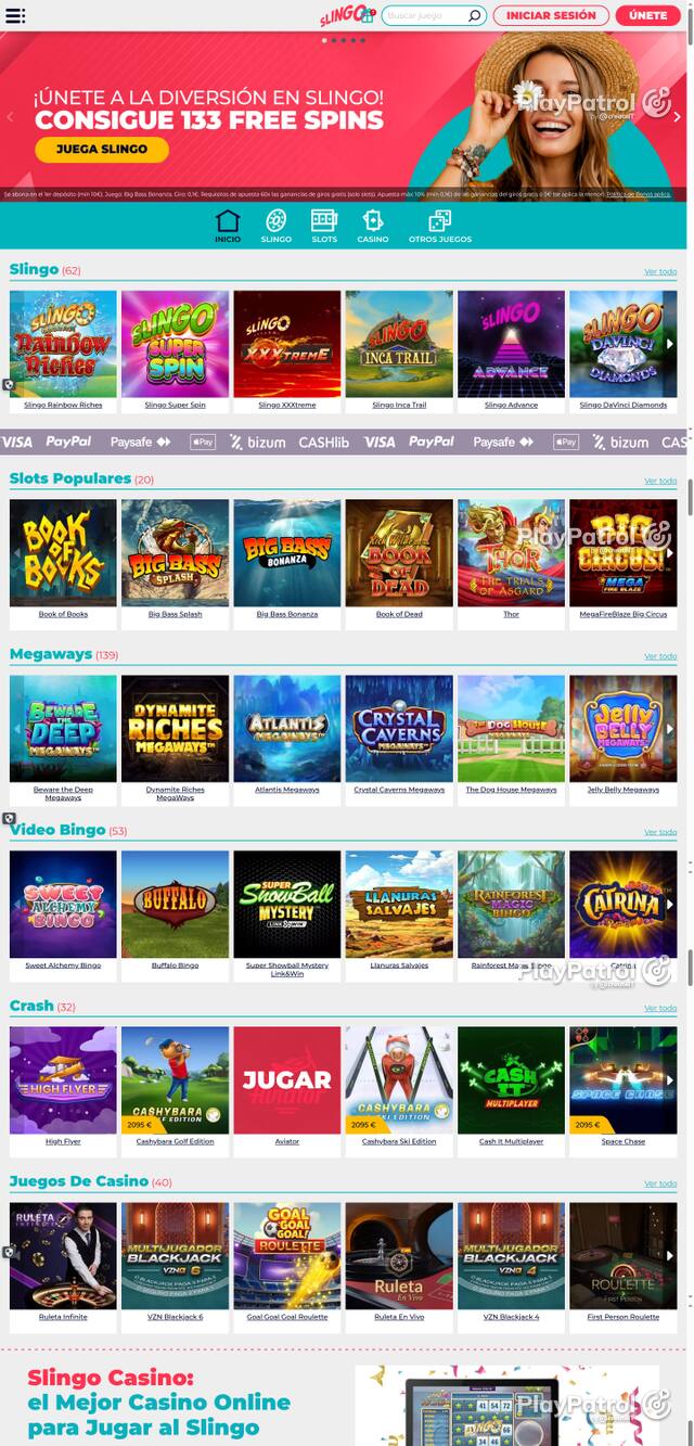 Capture of the front page of Slingo Casino (slingocasino.es) on 14 October 2026