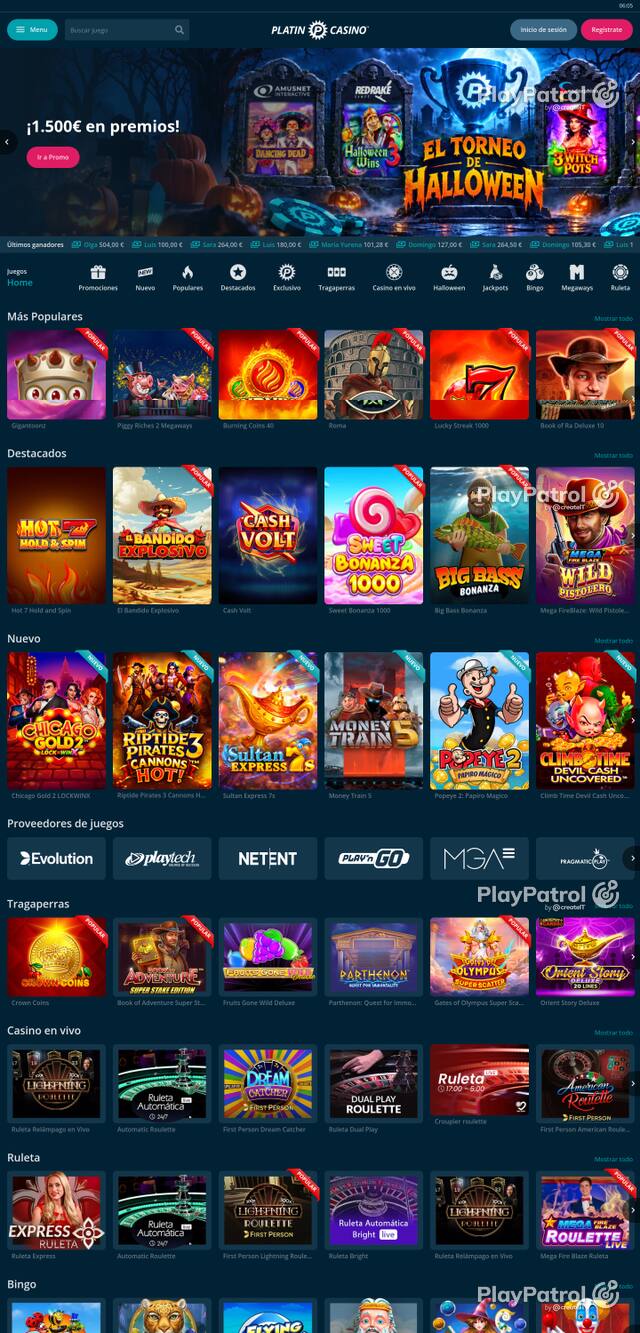 Capture of the front page of Platin Casino (platincasino.es) on 28 October 2026