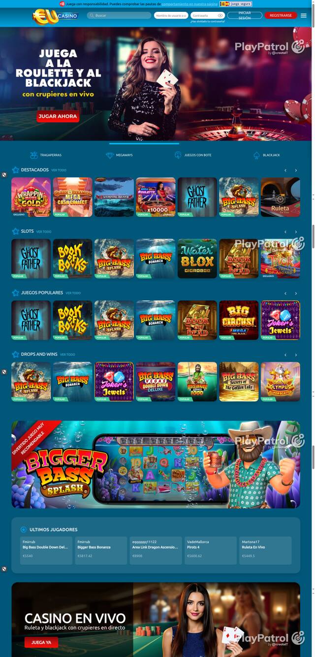Capture of the front page of EU Casino (eucasino.es) on 12 October 2026