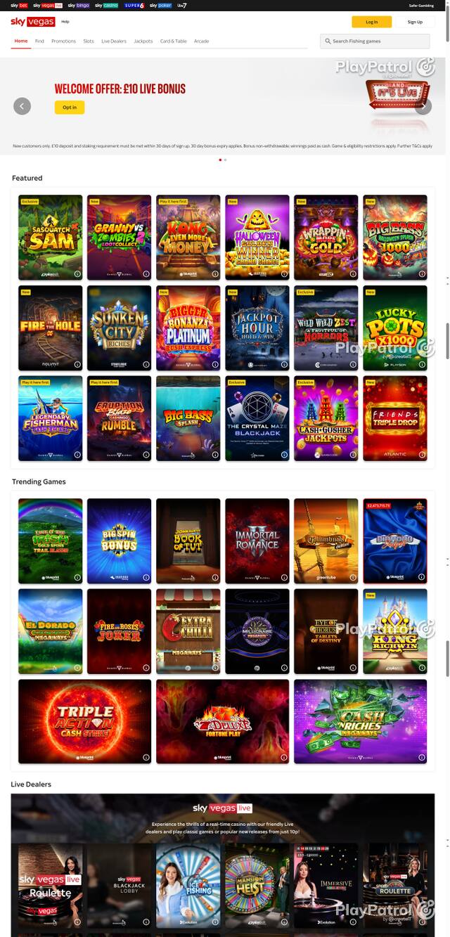 Capture of the front page of Sky Vegas (skyvegas.com) on 28 October 2026