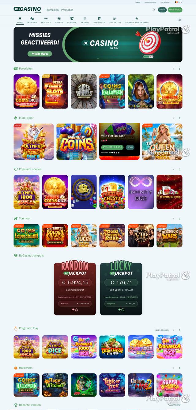 Front page of becasino.be as captured on 29 October 2026