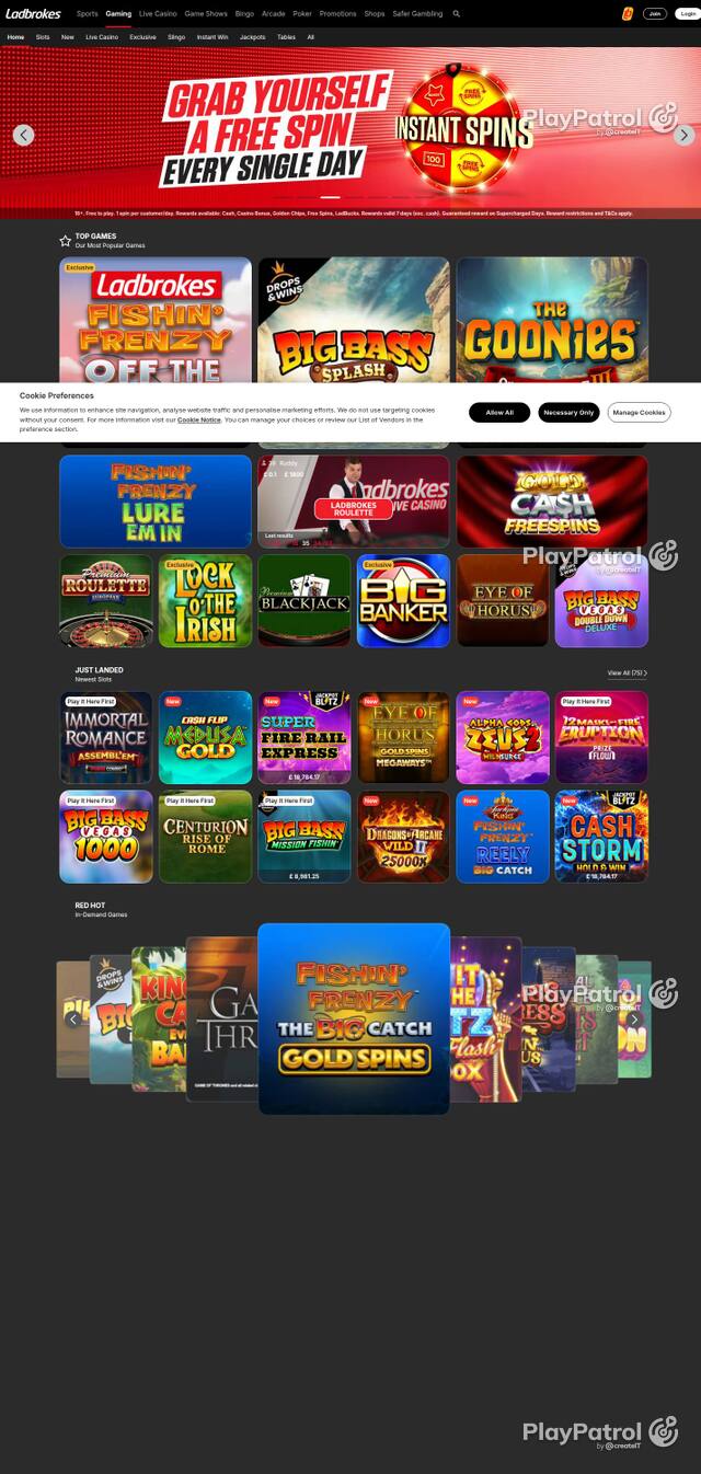 Homepage capture of Ladbrokes recorded during the scan