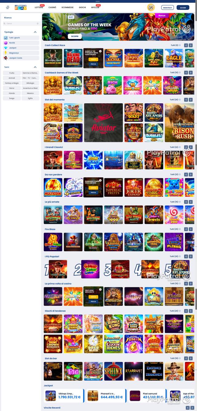 Capture of the front page of MyLotteries (mylotteriesplay.it) on 8 October 2026