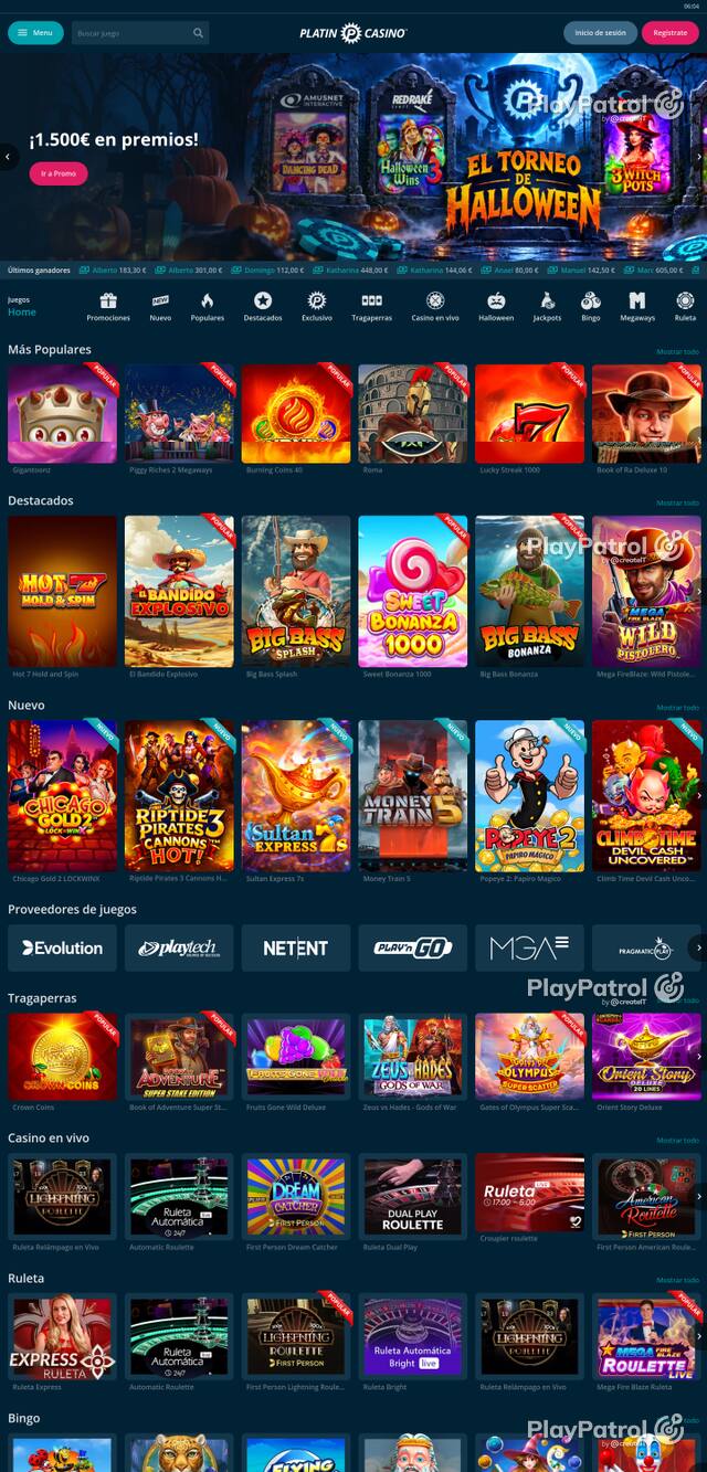Capture of the front page of Platin Casino (platincasino.es) on 26 October 2026