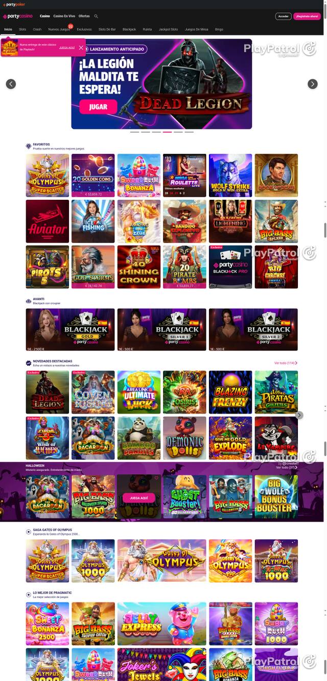 Capture of the front page of PartyCasino (partycasino.es) on 16 October 2026
