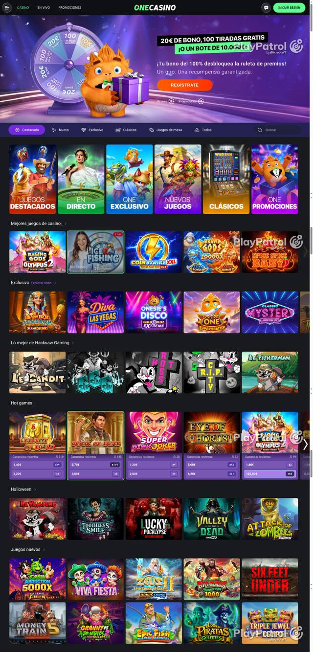Capture of the front page of One Casino (onecasino.es) on 27 October 2026