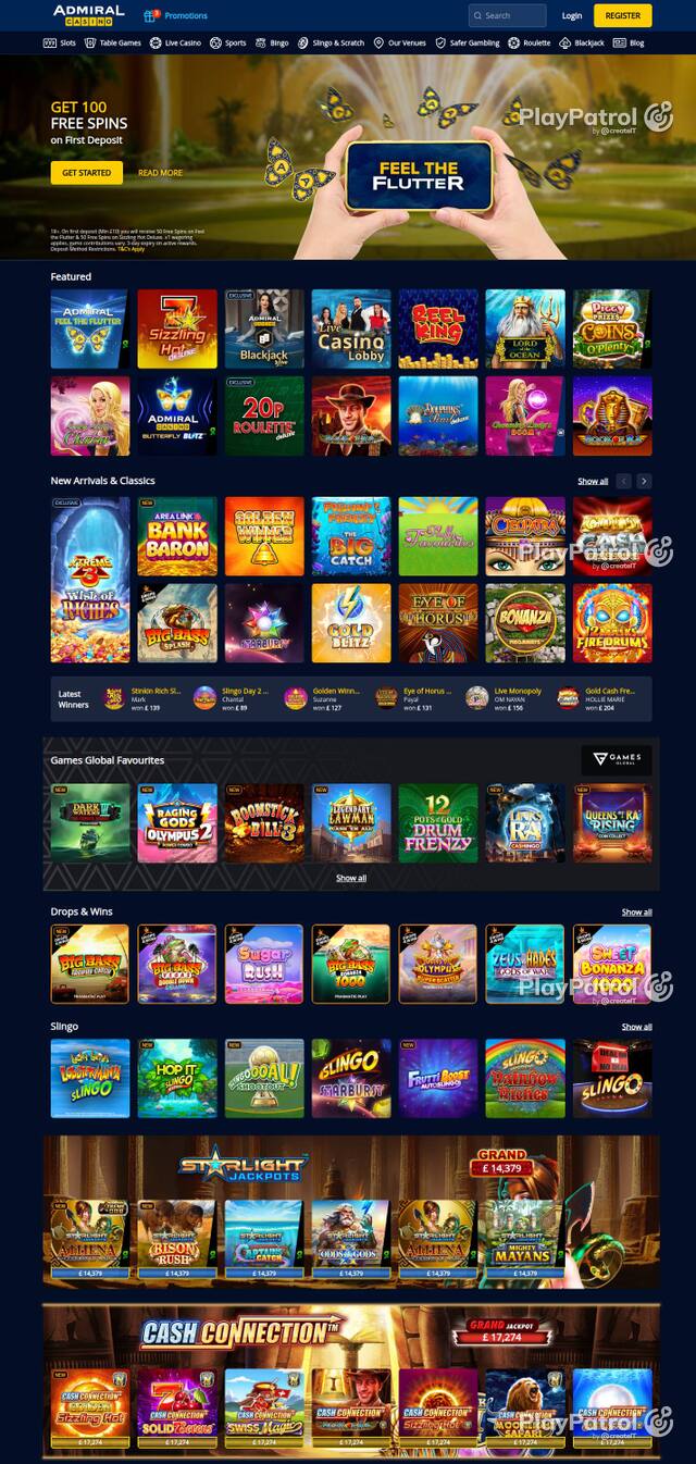 Homepage capture of Admiral Casino recorded during the scan