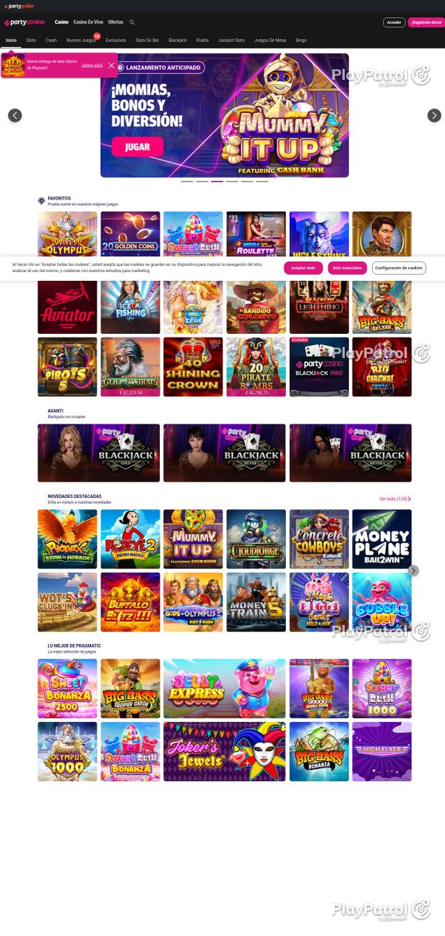 Capture of the front page of PartyCasino (partycasino.es) on 3 October 2026