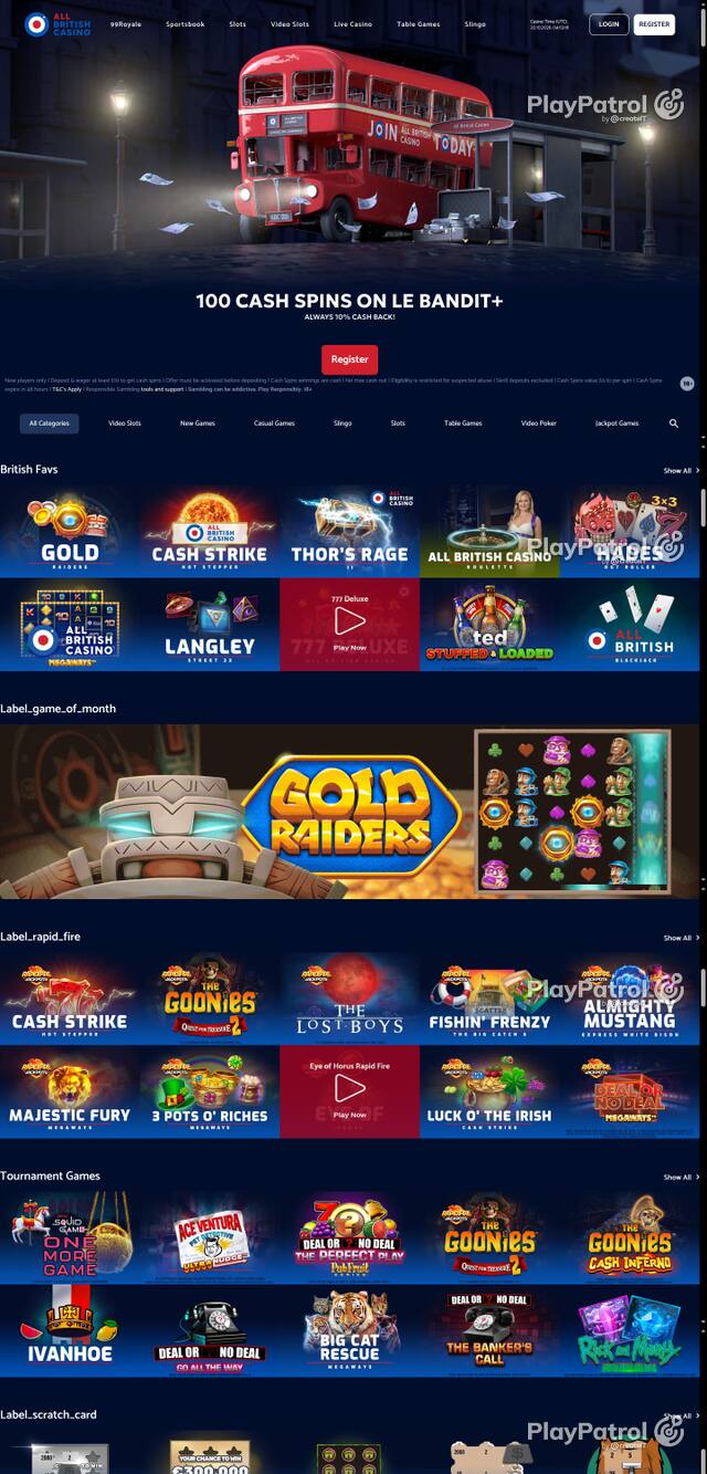Capture of the front page of All British Casino (allbritishcasino.com) on 20 October 2026