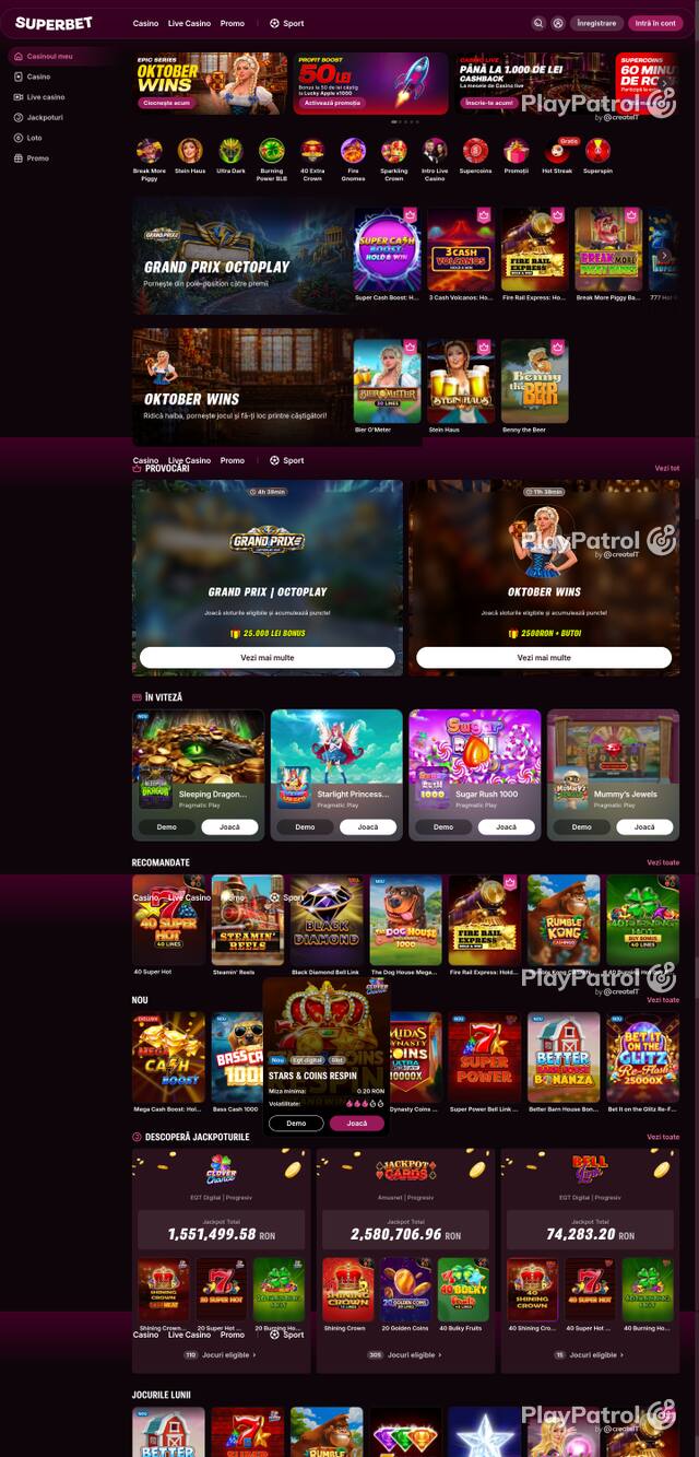 Capture of the front page of Superbet (superbet.ro) on 23 October 2026