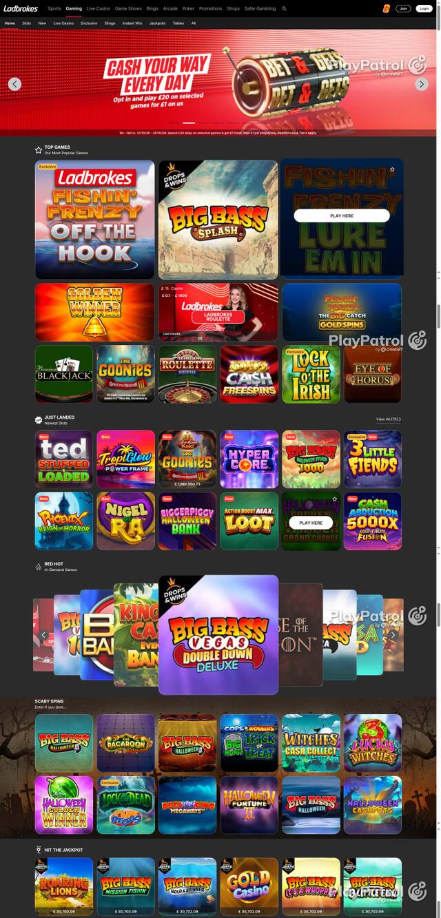 Capture of the front page of Ladbrokes (casino.ladbrokes.com) on 16 October 2026