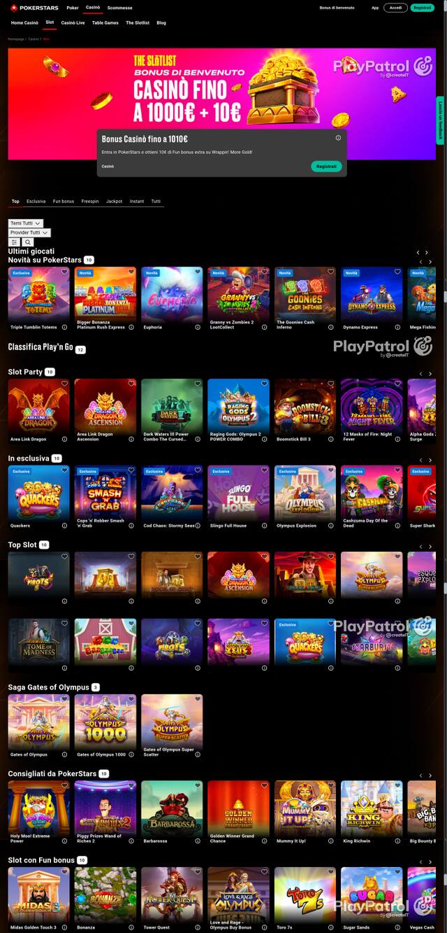 Capture of the front page of PokerStars (pokerstars.it) on 25 October 2026