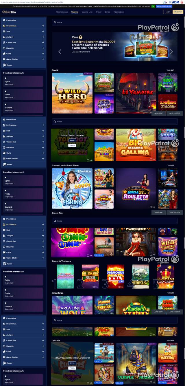 Capture of the front page of William Hill (casino.williamhill.it) on 11 October 2026