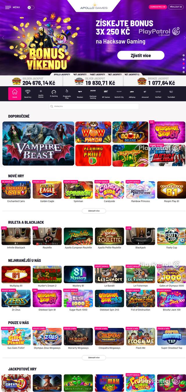 Capture of the front page of Apollo Games (apollogames.cz) on 3 October 2026