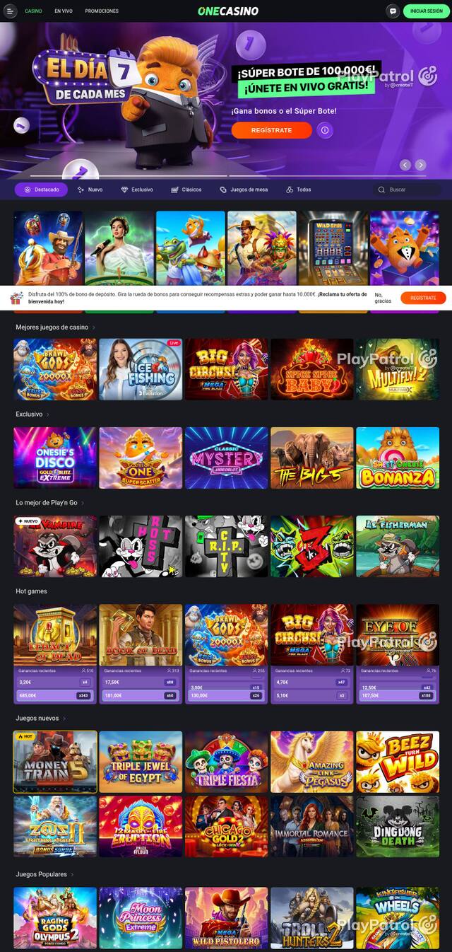 Capture of the front page of One Casino (onecasino.es) on 3 October 2026