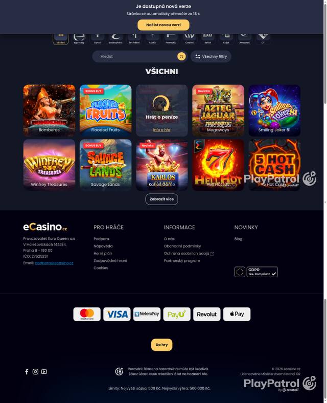 Capture of the front page of eCasino (ecasino.cz) on 28 October 2026