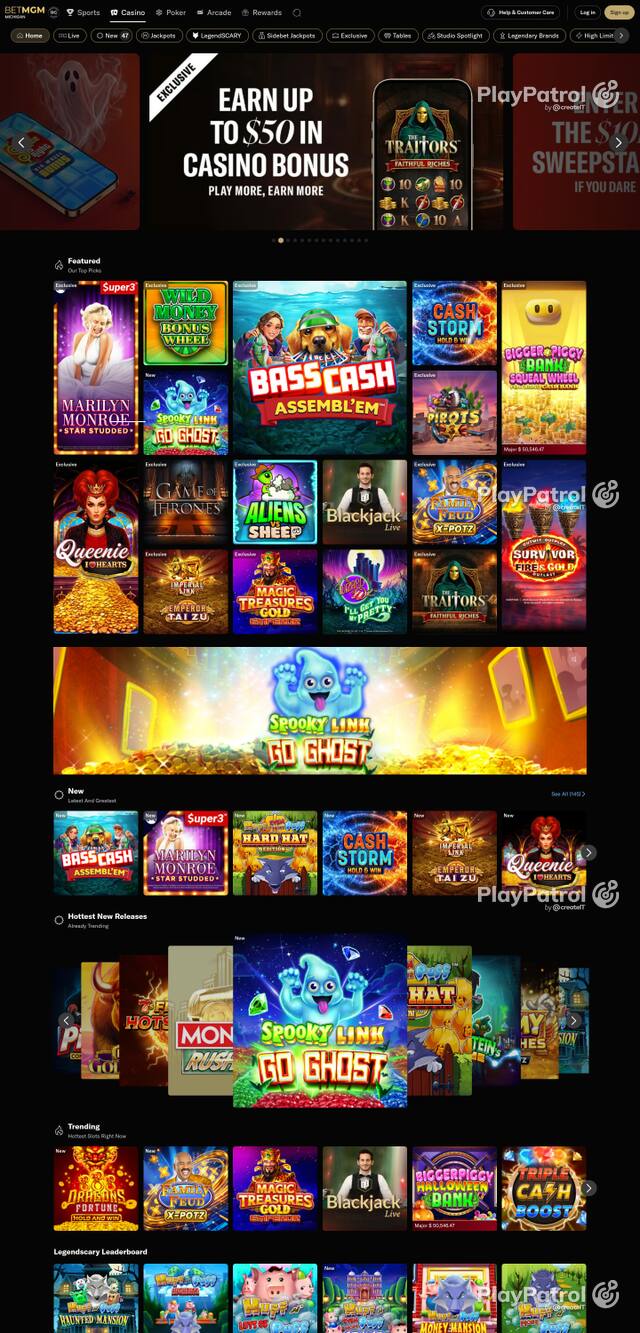 Capture of the front page of casino.mi.betmgm.com (casino.mi.betmgm.com) on 30 October 2026