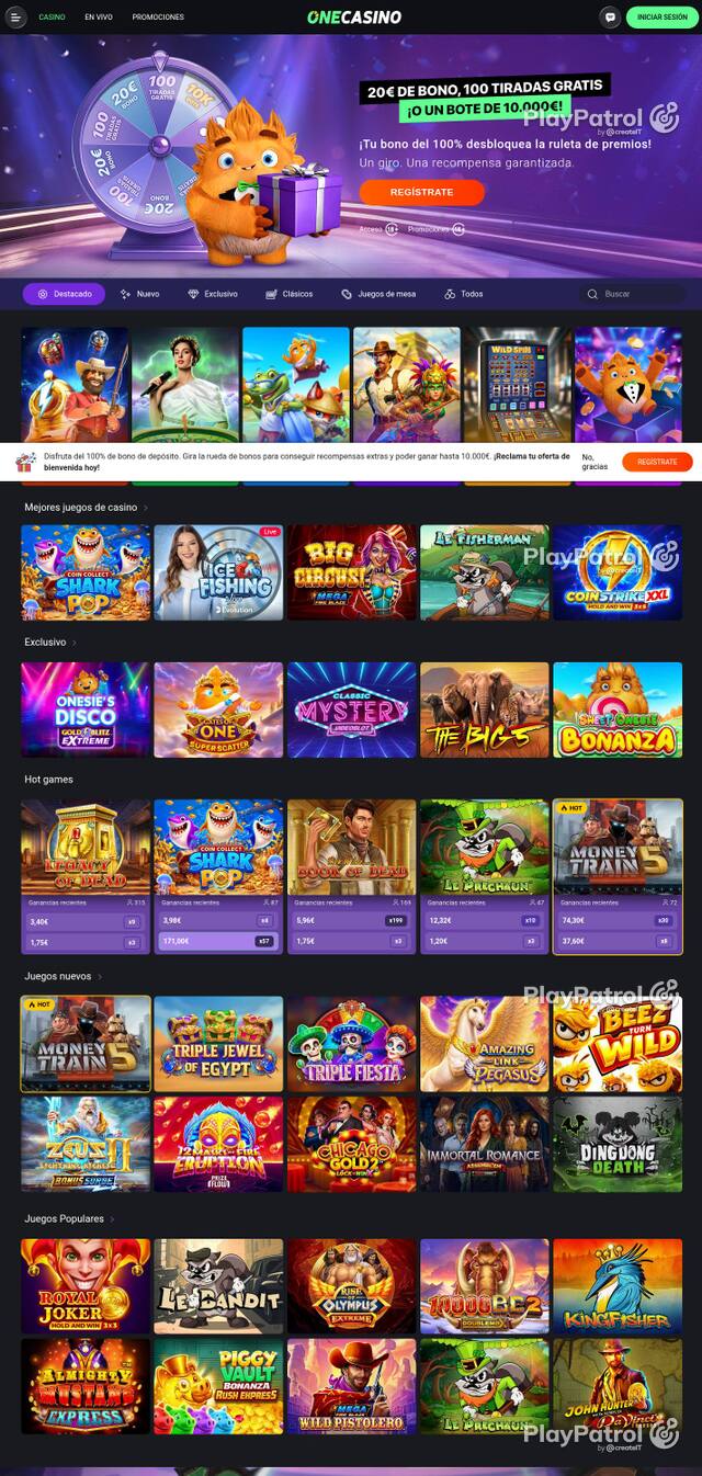Capture of the front page of One Casino (onecasino.es) on 2 October 2026