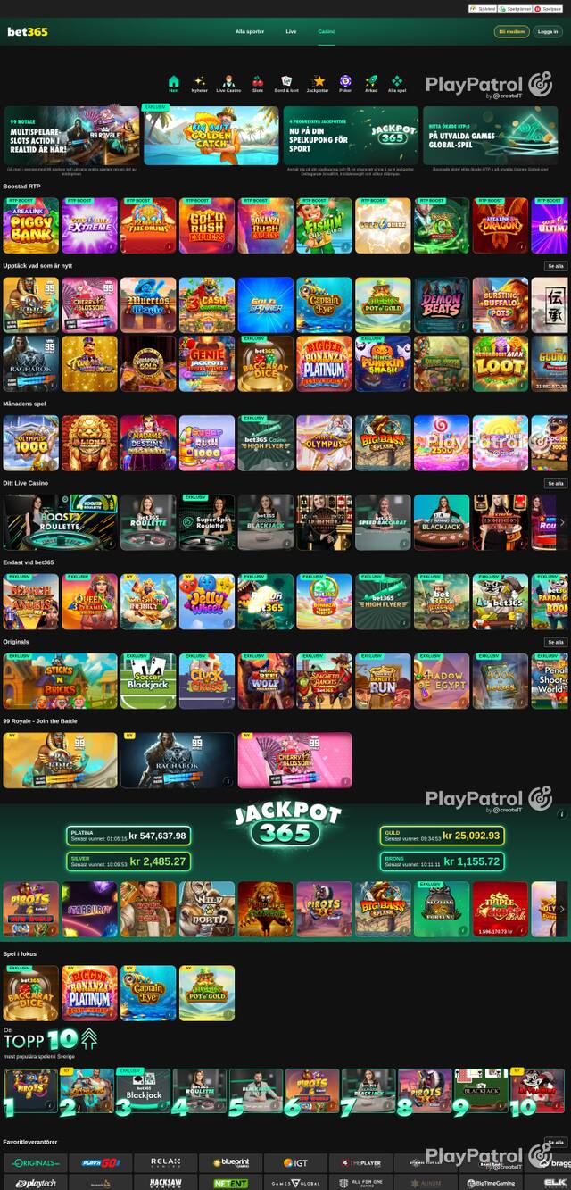 Front page of bet365 Casino as captured on 28 October 2026