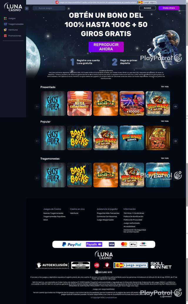 Capture of the front page of Luna Casino (lunacasino.es) on 27 October 2026