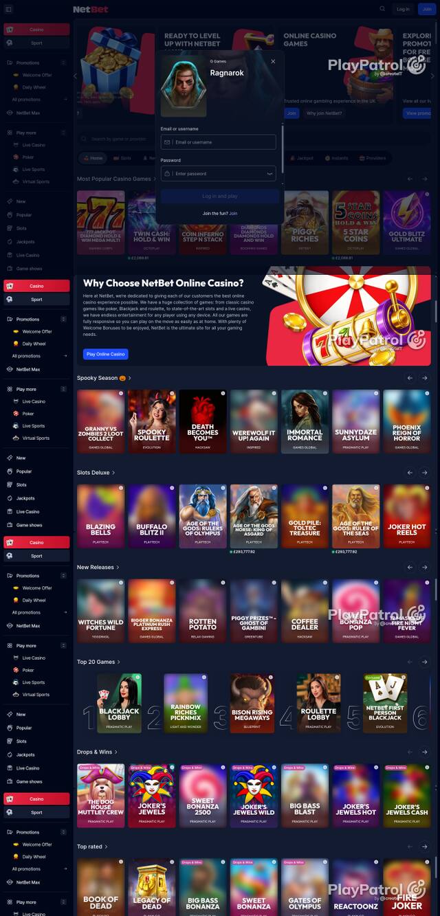 Capture of the front page of NetBet Casino (netbet.co.uk) on 27 October 2026