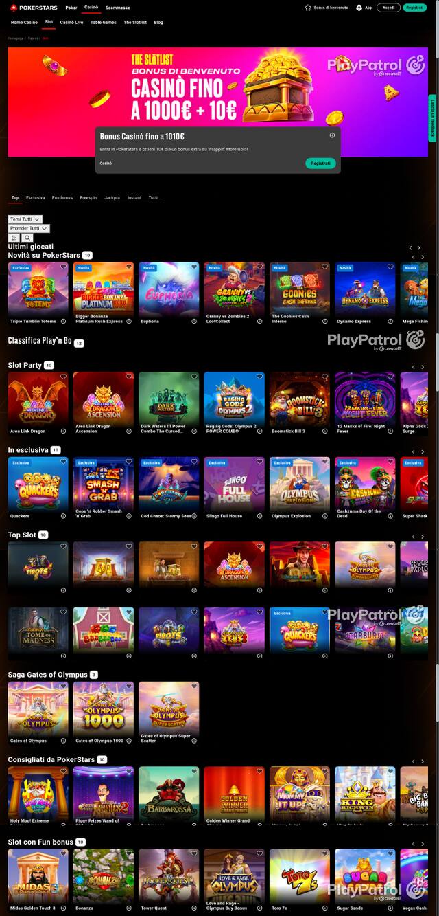 Capture of the front page of PokerStars (pokerstars.it) on 26 October 2026