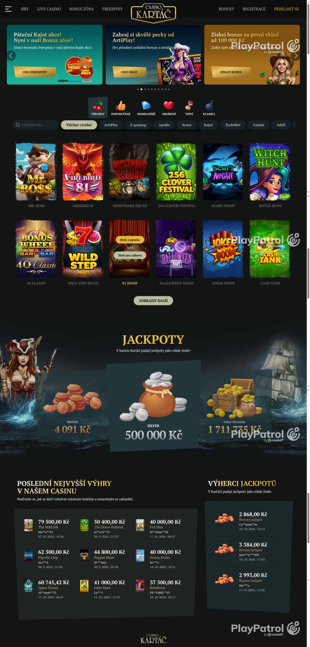 Capture of the front page of Casino Kartac (casino-kartac.cz) on 23 October 2026