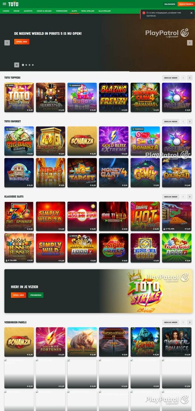 Homepage capture of TOTO Casino recorded during the scan