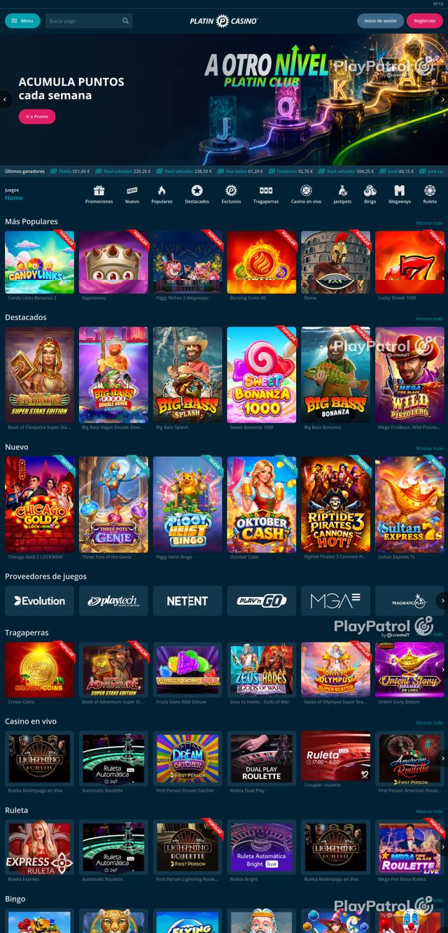 Capture of the front page of Platin Casino (platincasino.es) on 8 October 2026