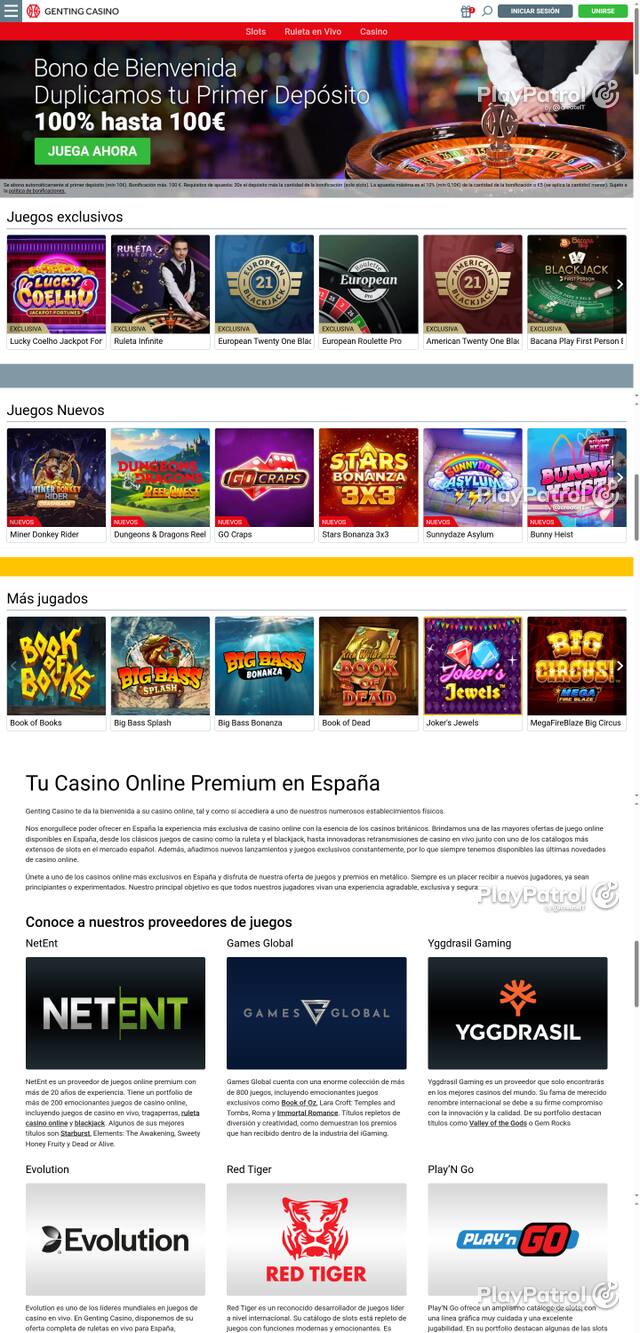 Capture of the front page of Genting Casino (gentingcasino.es) on 24 October 2026