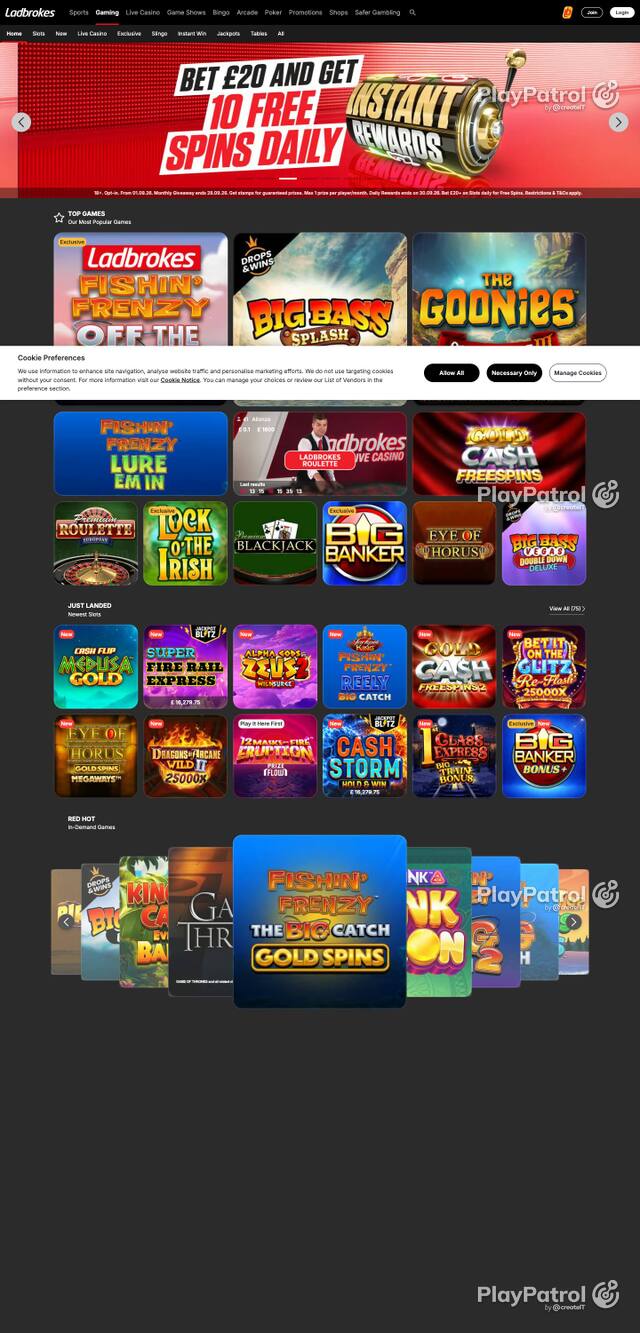 Homepage capture of Ladbrokes recorded during the scan