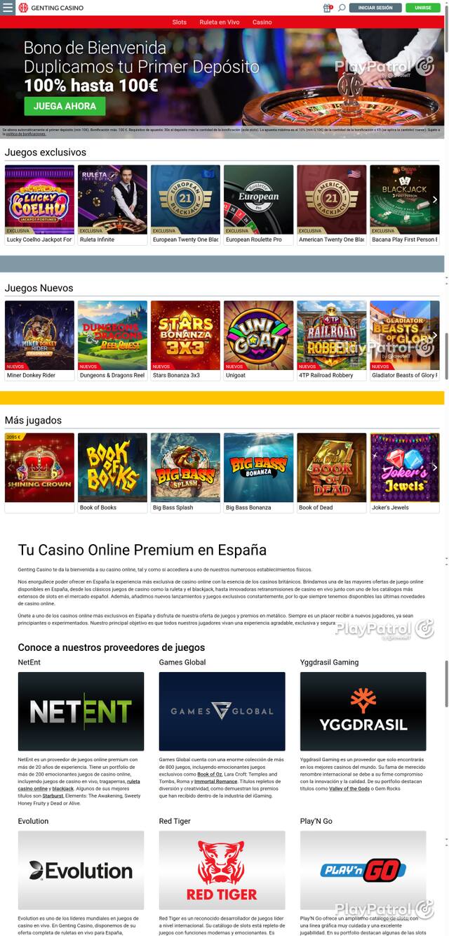 Capture of the front page of Genting Casino (gentingcasino.es) on 22 October 2026