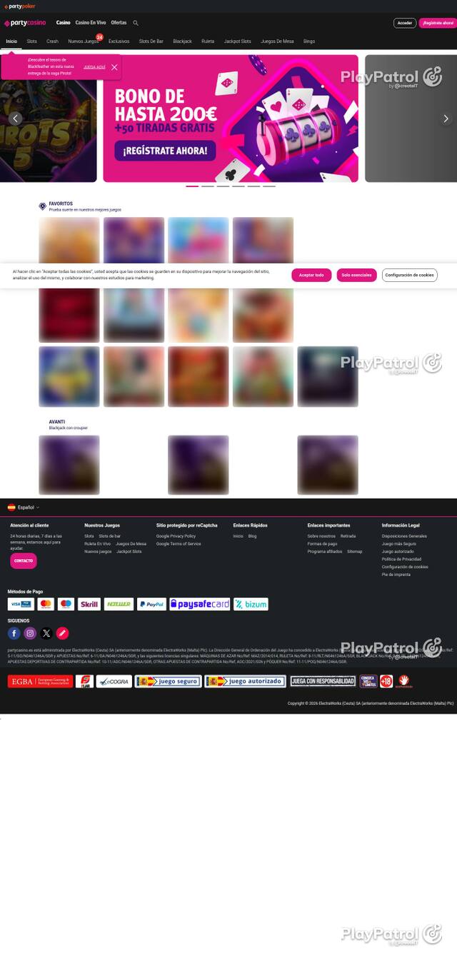 Homepage capture of PartyCasino recorded during the scan