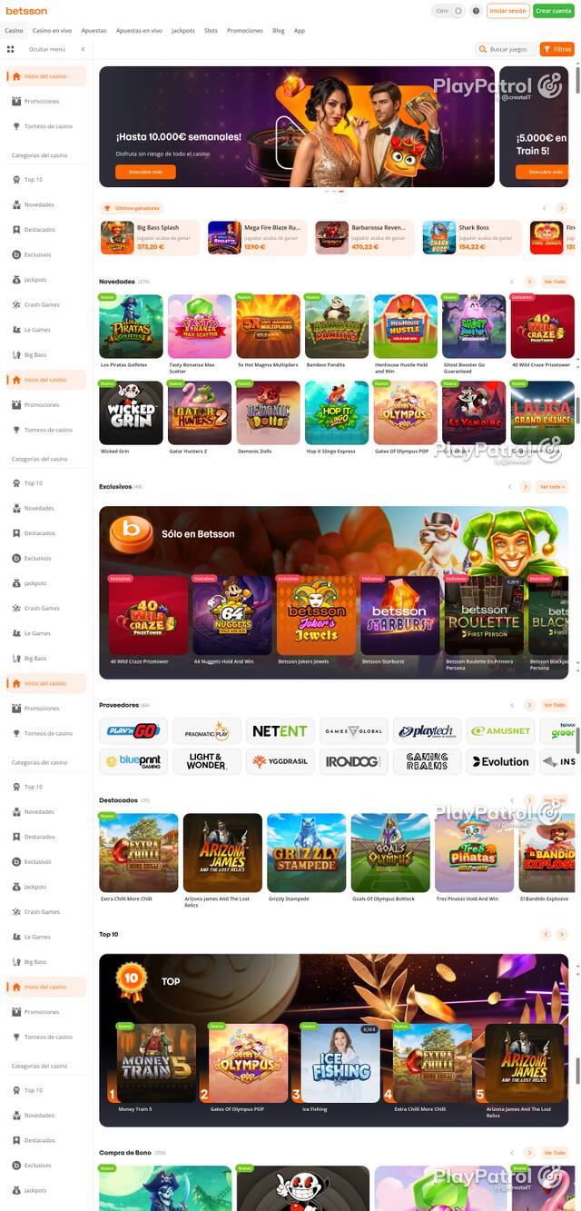 Capture of the front page of Betsson (betsson.es) on 9 October 2026