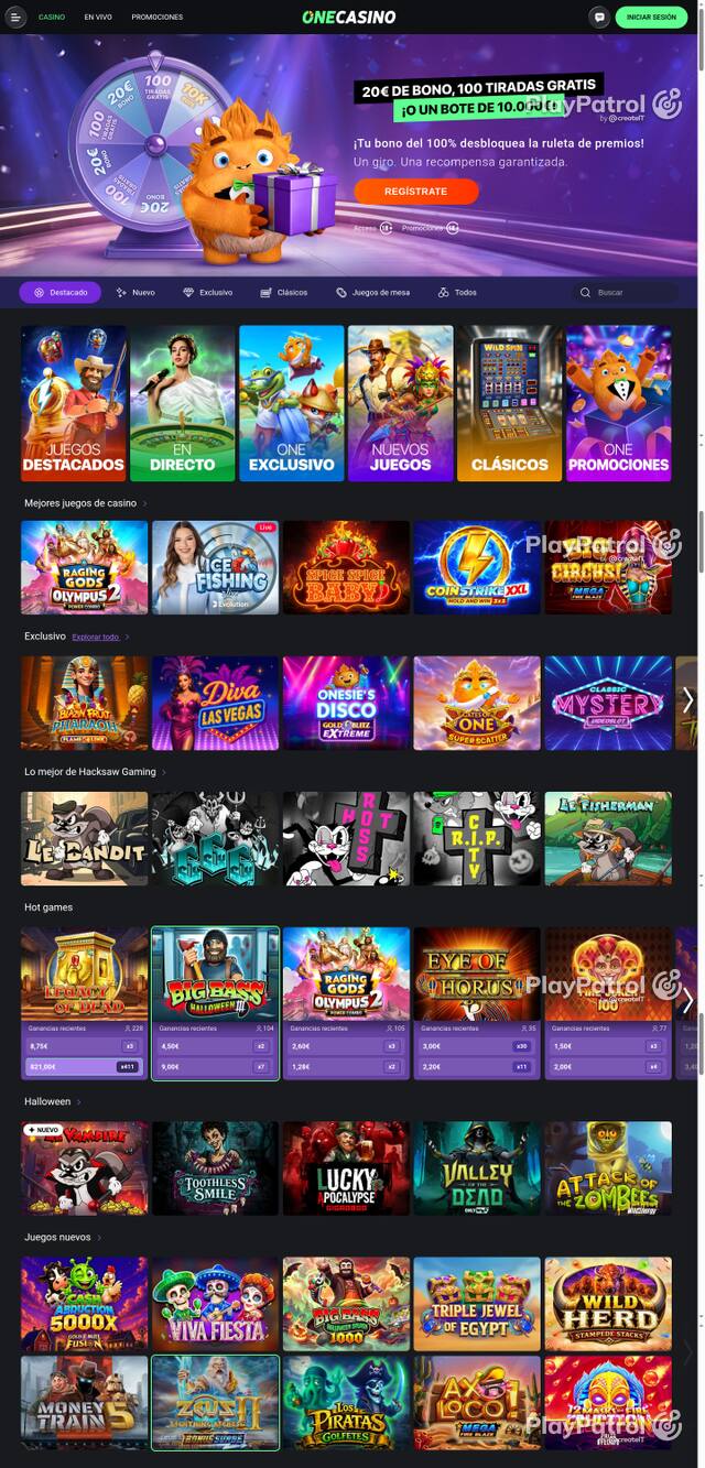 Capture of the front page of One Casino (onecasino.es) on 20 October 2026